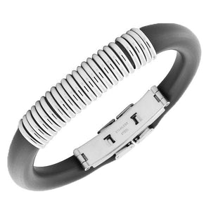 Stainless Steel Black Rubber Silicone Silver-Tone Mens  Bracelet with Clasp