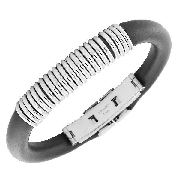 Stainless Steel Black Rubber Silicone Silver-Tone Mens  Bracelet with Clasp