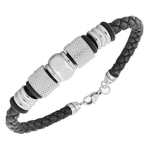 Stainless Steel Black Leather Silver-Tone Mens  Bracelet with Clasp