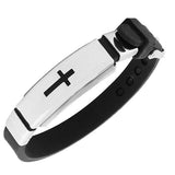 Stainless Steel Black Rubber Silicone Silver-Tone Latin Cross Mens  Bracelet