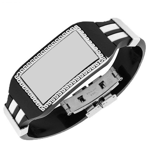 Stainless Steel Black White Rubber Silicone Silver-Tone Greek Key Name Tag Mens Bracelet