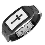 Stainless Steel Black Rubber Silicone Silver-Tone Greek Key Religious Cross Mens Bracelet