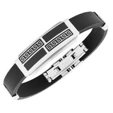 Stainless Steel Black Rubber Silicone Silver-Tone Greek Key Mens  Bracelet