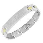 Stainless Steel Silver-Tone Religious Cross Lords Prayer Mens Chain Bracelet