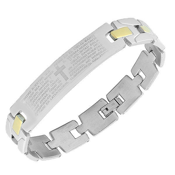 Stainless Steel Silver-Tone Religious Cross Lords Prayer Mens Chain Bracelet