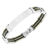 Stainless Steel Three Tone Religious Cross Lords Prayer Mens Chain Bracelet
