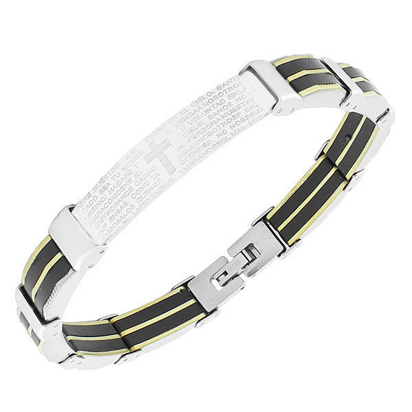 Stainless Steel Three Tone Religious Cross Lords Prayer Mens Chain Bracelet