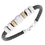 Stainless Steel Black Leather Silver Rose Gold-Tone Mens  Bracelet