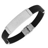 Stainless Steel Black Rubber Silicone Silver-Tone Religious Cross Prayer Mens Bracelet