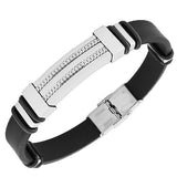 Stainless Steel Black Rubber Silicone Silver-Tone Greek Key Chain Mens  Bracelet
