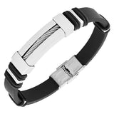 Stainless Steel Black Rubber Silicone Silver-Tone Twisted Cable Mens  Bracelet