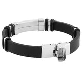 Stainless Steel Black Rubber Silicone Silver-Tone Twisted Cable Mens Bracelet