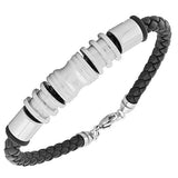 Stainless Steel Black Leather Silver White Gold-Tone Mens  Bracelet