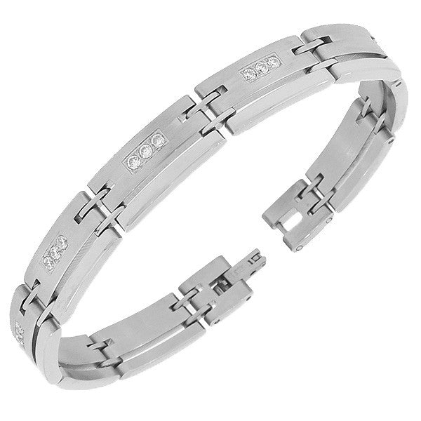 Stainless Steel Silver-Tone Link Chain White Round CZ Mens Bracelet with Clasp