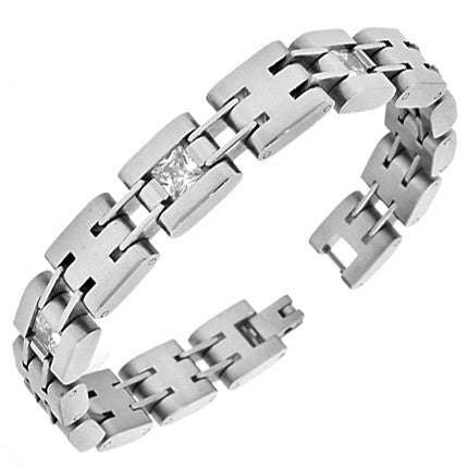 Stainless Steel Silver-Tone Link Chain White Square Princess-Cut CZ Mens Bracelet