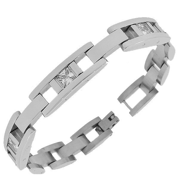 Stainless Steel Silver-Tone Link Chain White Square Princess-Cut CZ Mens Bracelet