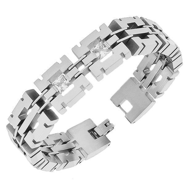 Stainless Steel Silver-Tone Link Chain White Square Princess-Cut CZ Mens Bracelet