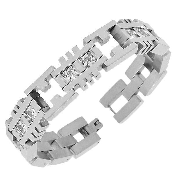 Stainless Steel Silver-Tone Link Chain White Square Princess-Cut CZ Mens Bracelet