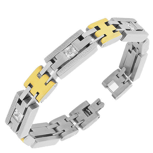 Stainless Steel Two-Tone Link Chain White Square Princess-Cut CZ Greek Key Mens Bracelet