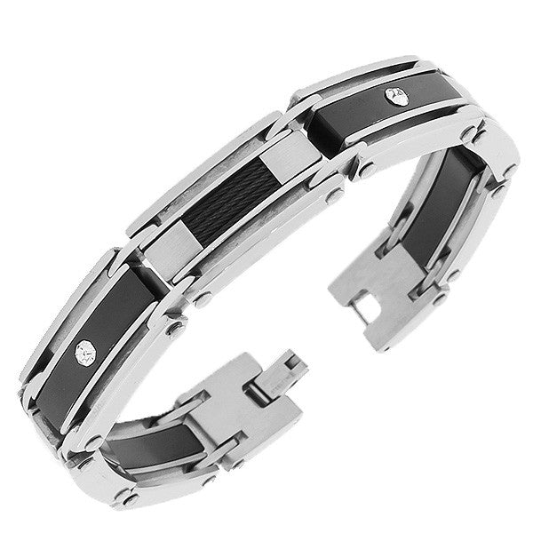 Stainless Steel Silver-Tone Black Twisted Cord Rope Link Chain White Round CZ Mens Bracelet