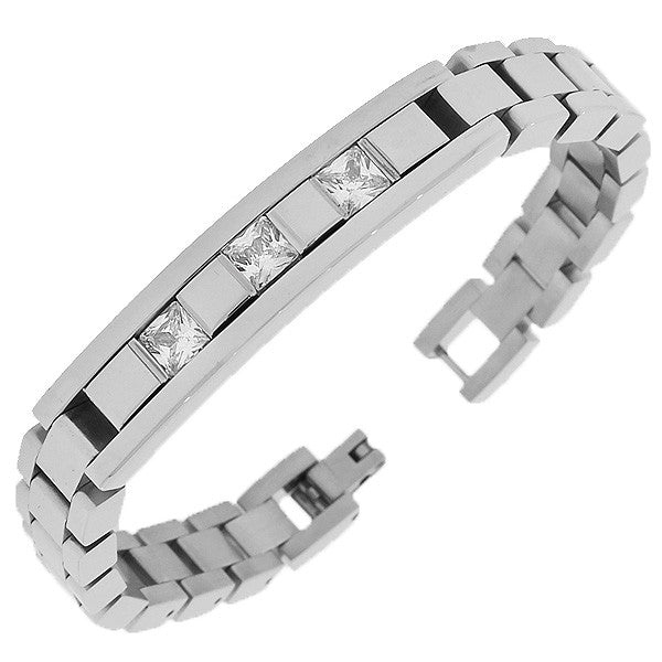 Stainless Steel Silver-Tone Link Chain White Square Princess-Cut CZ Mens Bracelet with Clasp