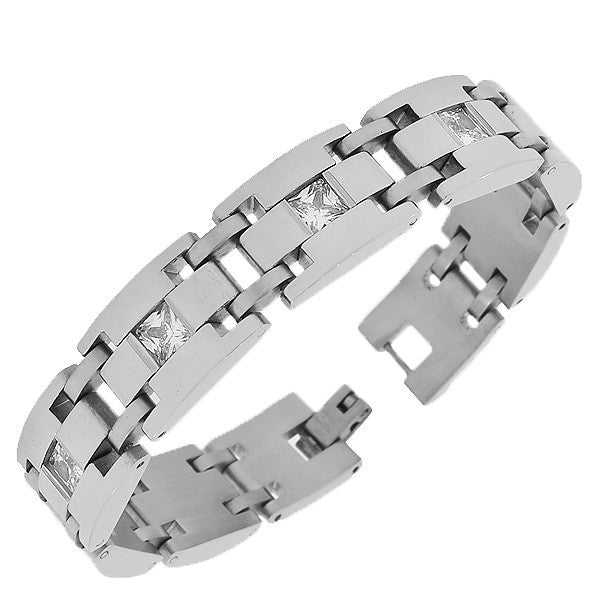 Stainless Steel Silver-Tone Link Chain White Square Princess-Cut CZ Mens Bracelet with Clasp