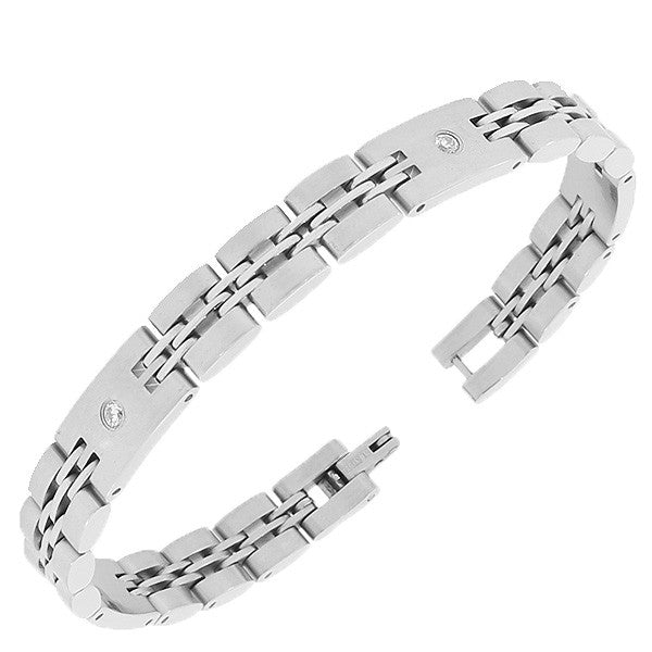 Stainless Steel Silver-Tone Link Chain White Round CZ Mens Bracelet with Clasp