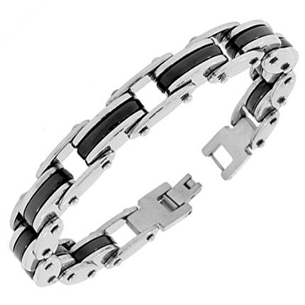 Stainless Steel Silver Black Two-Tone Link Chain Mens Bracelet with Clasp