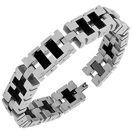 Stainless Steel Silver Black Two-Tone Link Chain Mens Bracelet with Clasp