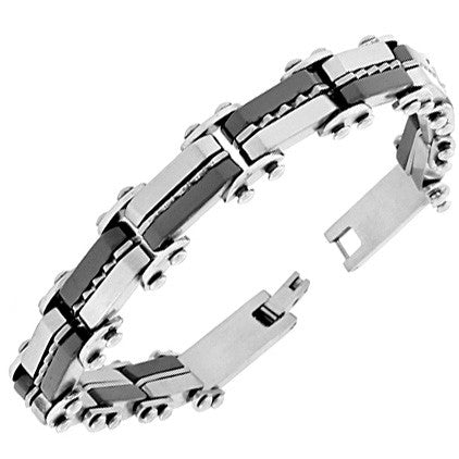 Stainless Steel Silver Black Two-Tone Link Chain Mens Bracelet with Clasp
