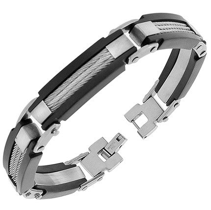 Stainless Steel Silver Black Two-Tone Twisted Cable Rope Link Chain Mens Bracelet with Clasp
