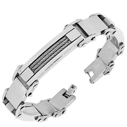 Stainless Steel Silver-Tone Twisted Cable Rope Link Chain Mens Bracelet with Clasp