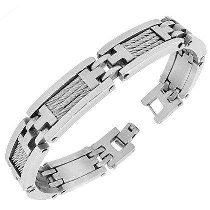 Stainless Steel Silver-Tone Twisted Cable Rope Link Chain Mens Bracelet with Clasp