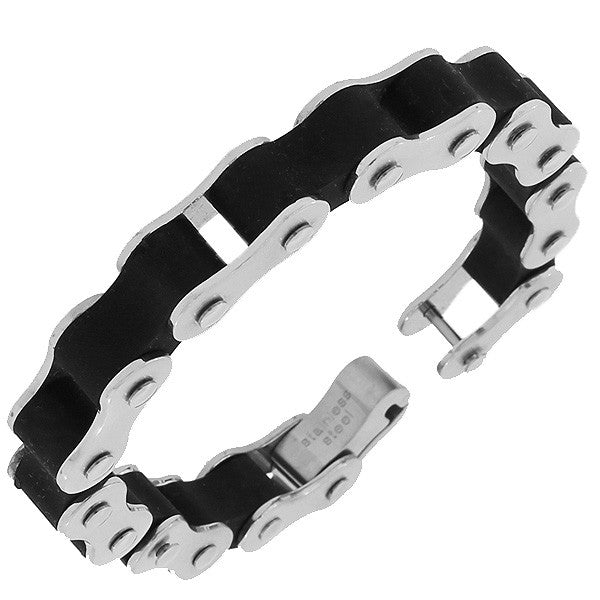 Stainless Steel Rubber Silicone Silver Black Two-Tone Bike Chain Thick Link Chain Mens Bracelet
