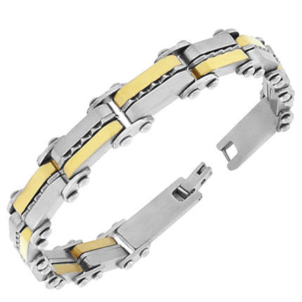 Stainless Steel Two-Tone Link Chain Mens Bracelet with Clasp