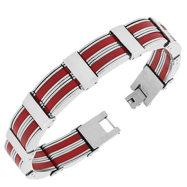 Stainless Steel Silver Red Two-Tone Link Chain Mens Bracelet with Clasp
