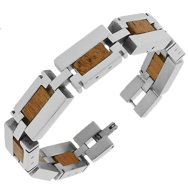 Stainless Steel Silver Brown Two-Tone Wood Design Link Chain Mens Bracelet with Clasp
