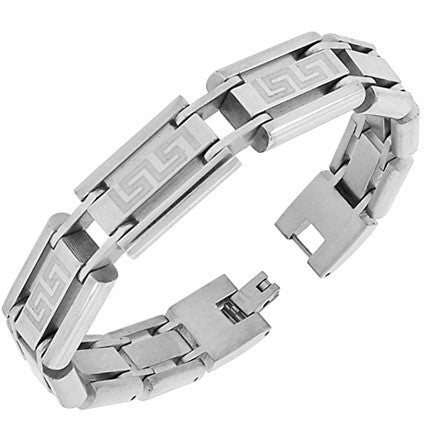 Stainless Steel Silver-Tone Greek Key Link Chain Mens Bracelet with Clasp