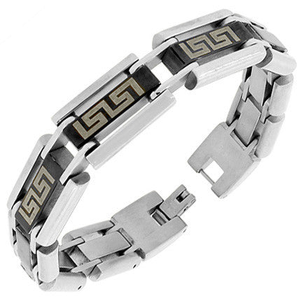 Stainless Steel Silver Black Two-Tone Greek Key Link Chain Mens Bracelet with Clasp