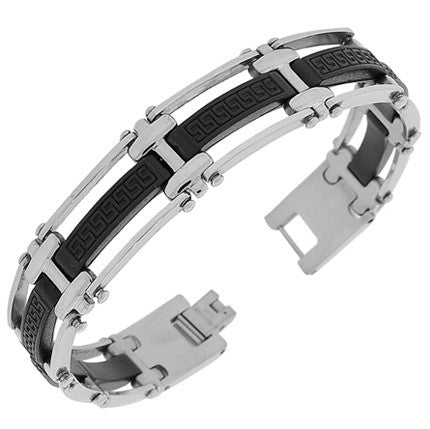 Stainless Steel Rubber Silicone Black Silver-Tone Greek Key Link Chain Mens Bracelet