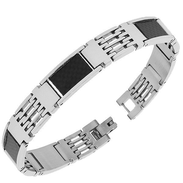 Stainless Steel Simulated Carbon Fiber Two-Tone Link Chain Mens Bracelet