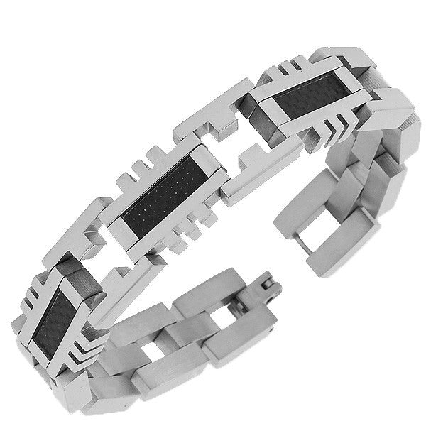 Stainless Steel Simulated Carbon Fiber Two-Tone Link Chain Mens Bracelet