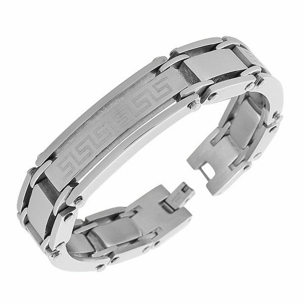 Stainless Steel Silver-Tone Greek Key Mens Links Chain Bracelet with Clasp