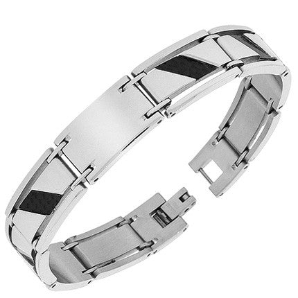 Stainless Steel Simulated Carbon Fiber Two-Tone Link Chain Mens Bracelet