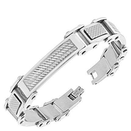 Stainless Steel Simulated Carbon Fiber Silver-Tone Link Chain Mens Bracelet