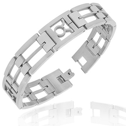 Stainless Steel Silver-Tone Link Chain Zodiac Sign Taurus Mens Bracelet with Clasp