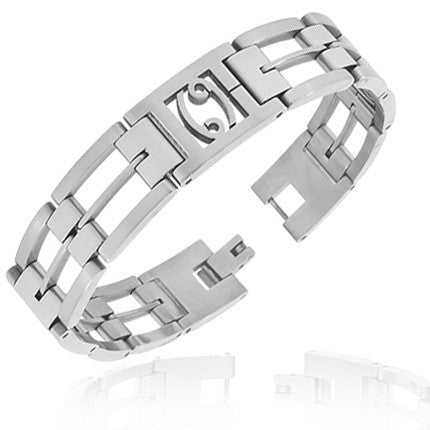 Stainless Steel Silver-Tone Link Chain Zodiac Sign Cancer Mens Bracelet with Clasp