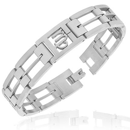 Stainless Steel Silver-Tone Link Chain Zodiac Sign Virgo Mens Bracelet with Clasp