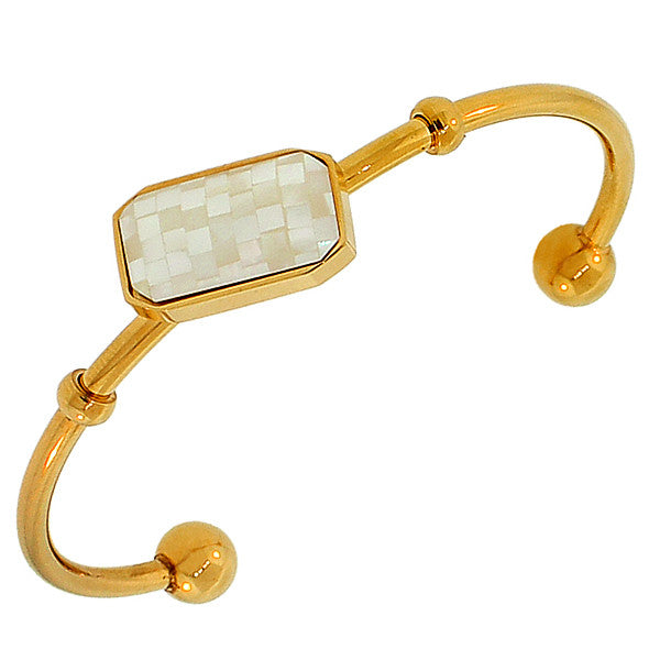 Yellow Gold-Tone Faceted Simulated Mother-of-Pearl Womens Open End Bracelet