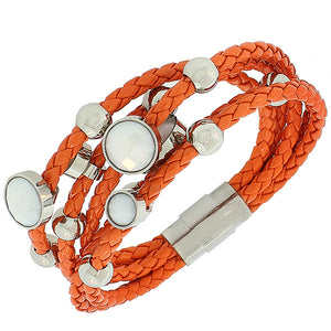 Fashion Alloy Orange Faux PU Leather Silver-Tone Multi-Row Layer Bracelet